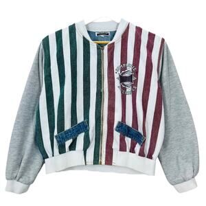 NWT Vintage 90s Contempo Casuals Colorblock Striped Denim Bommer Jacket medium